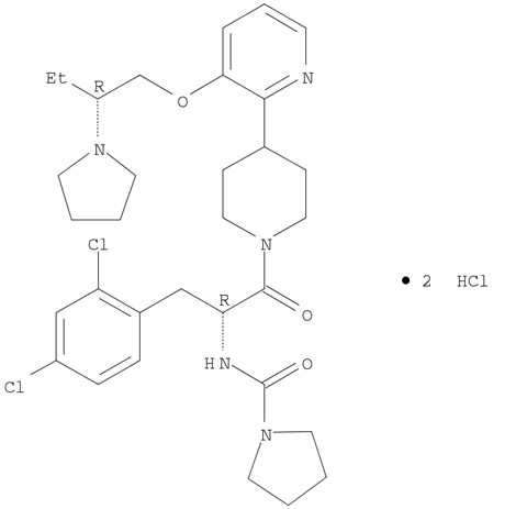 1-Pyrrolidinecarboxamide, N-[(1R)-1-[(2,4-dichlorophenyl)methyl]-2-oxo-2-[4-[3-[(2R)-2-(1-pyrrolidinyl)butoxy]-2-pyridinyl]-1-piperidinyl]ethyl]-, hydrochloride (1:2)